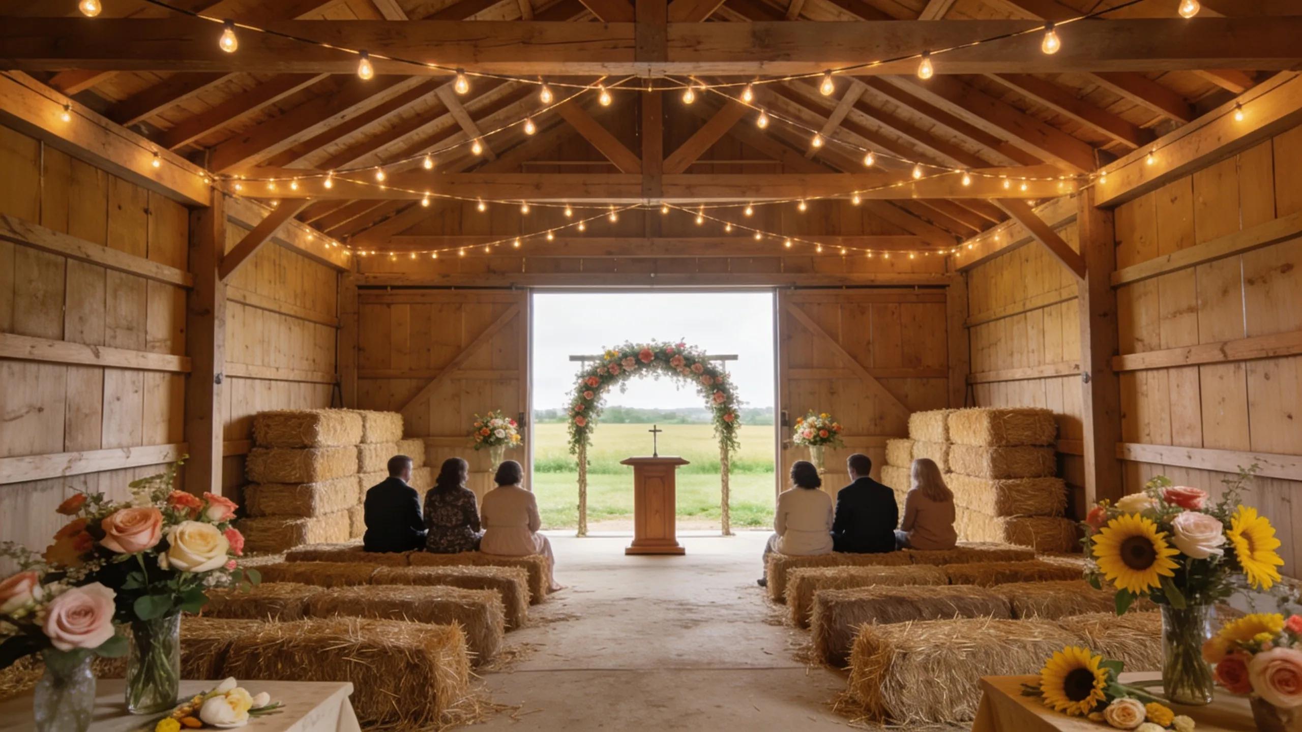 Charming rustic barn wedding venue with warm lighting and floral decorations